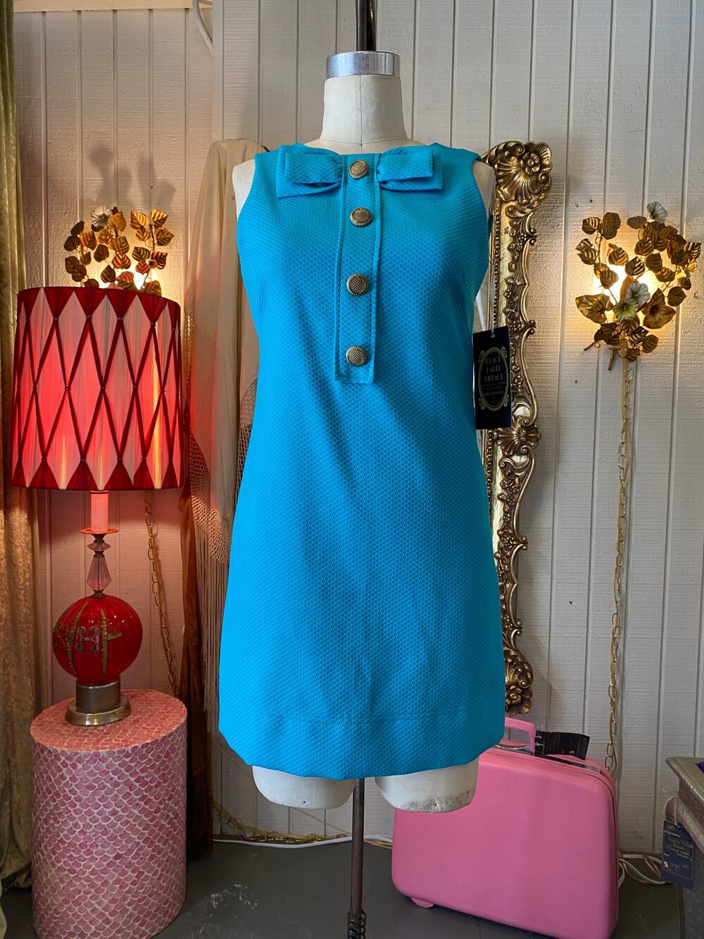 vintage 1990s turquoise mod shift dress, 1960s style mini dress, bow neck, 60s